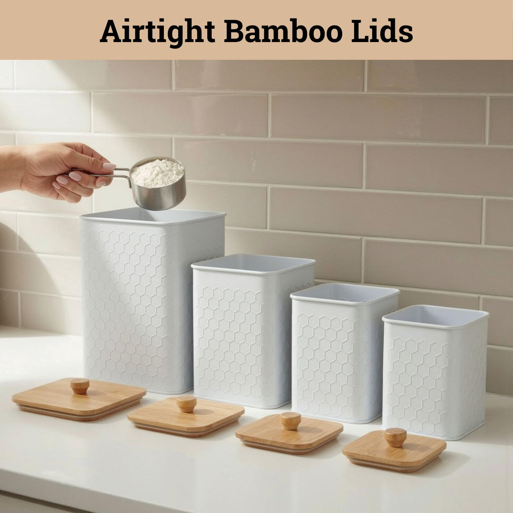 Honeycomb Metal Kitchen Canister Set of 4 – Airtight Bamboo Lids, Matte Black, 1.25–6.5 qt