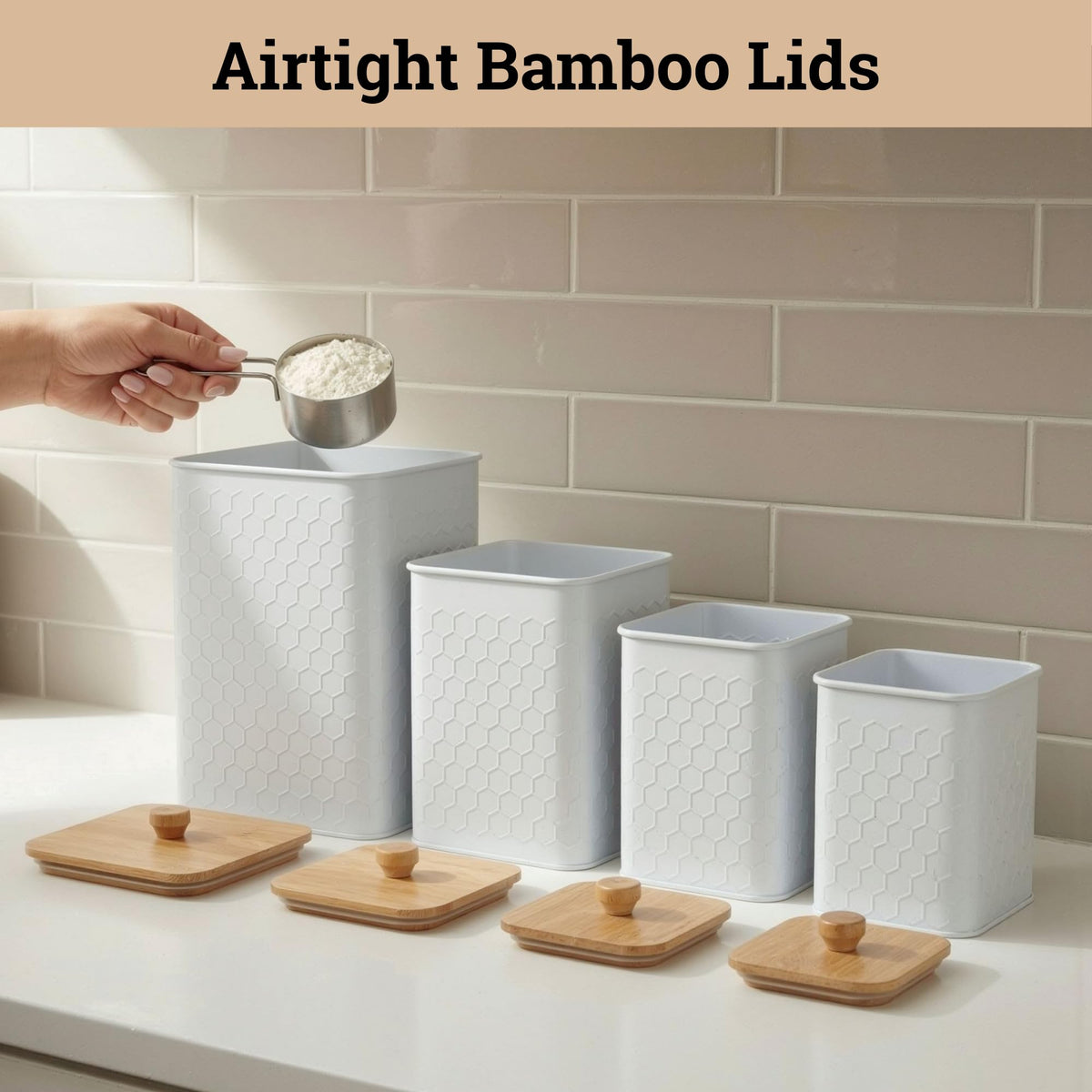 Honeycomb Metal Kitchen Canister Set of 4 – Airtight Bamboo Lids, Matte Black, 1.25–6.5 qt