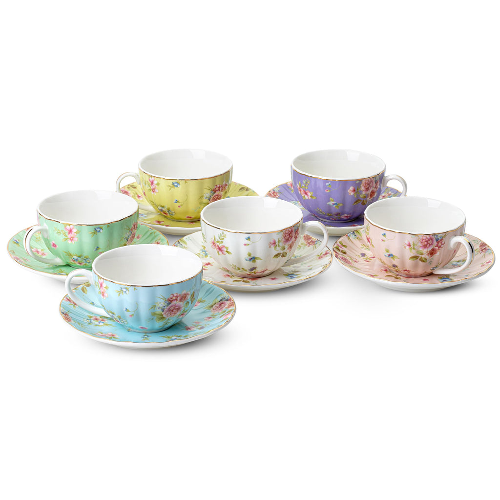 Floral Porcelain Tea Cups & Saucers Set of 6 – Midnight Blue