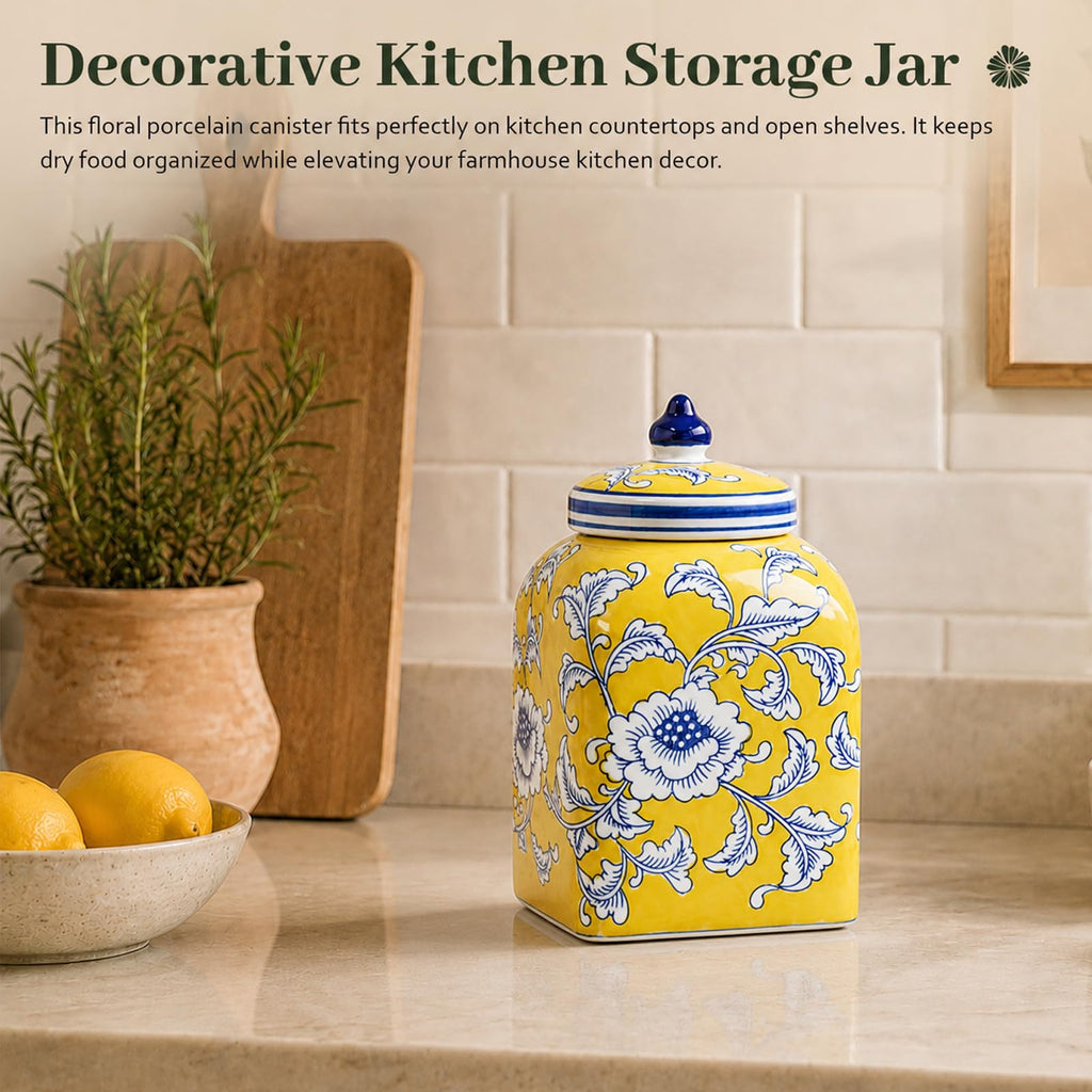 Ceramic Tea & Coffee Canister with Airtight Lid – 10" H, 121 fl oz, Green Peony Chinoiserie