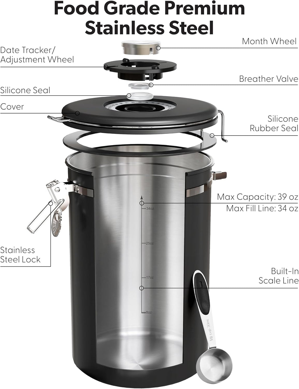 Veken Airtight Coffee Canister with Window 22oz – Black