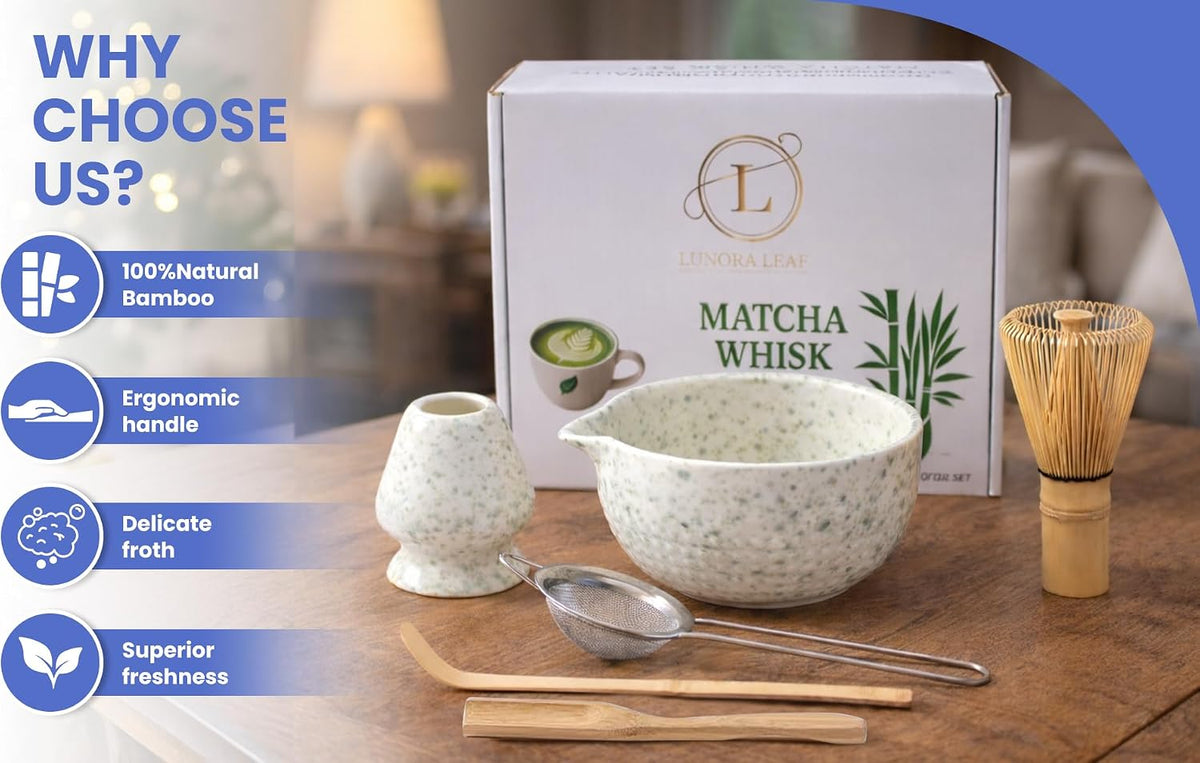 6-Piece Japanese Matcha Whisk Set – Ceramic Bowl with Spout, Bamboo Whisk, Scoop & Sifter
