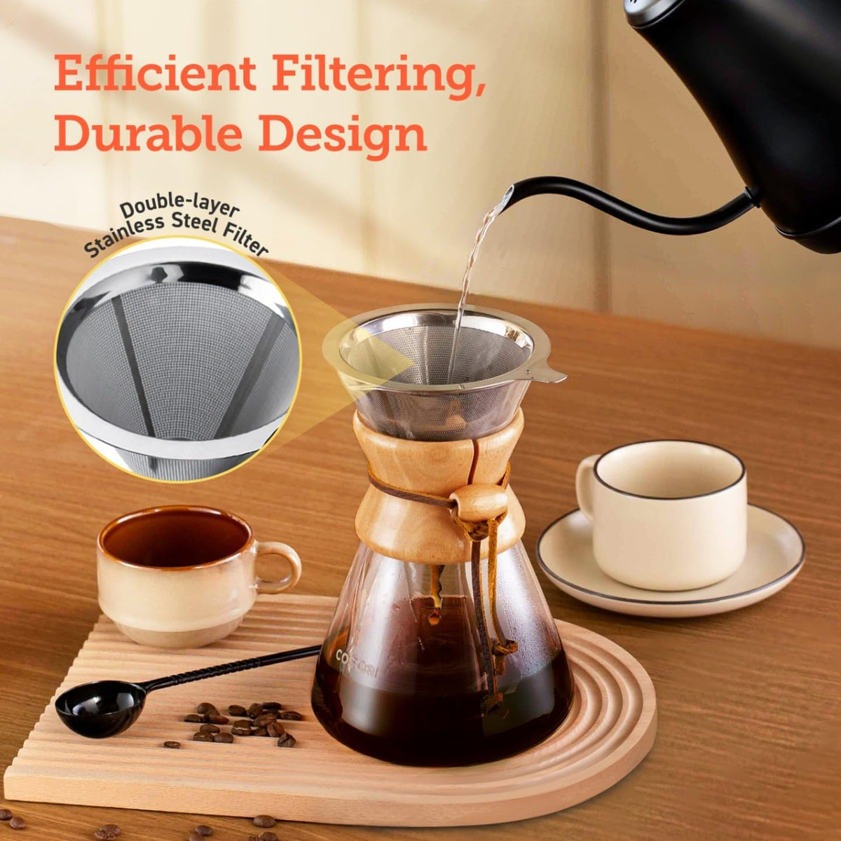 Cosori Pour Over Coffee Maker – Double-Layer Stainless Filter, 34 oz, 8 Cup
