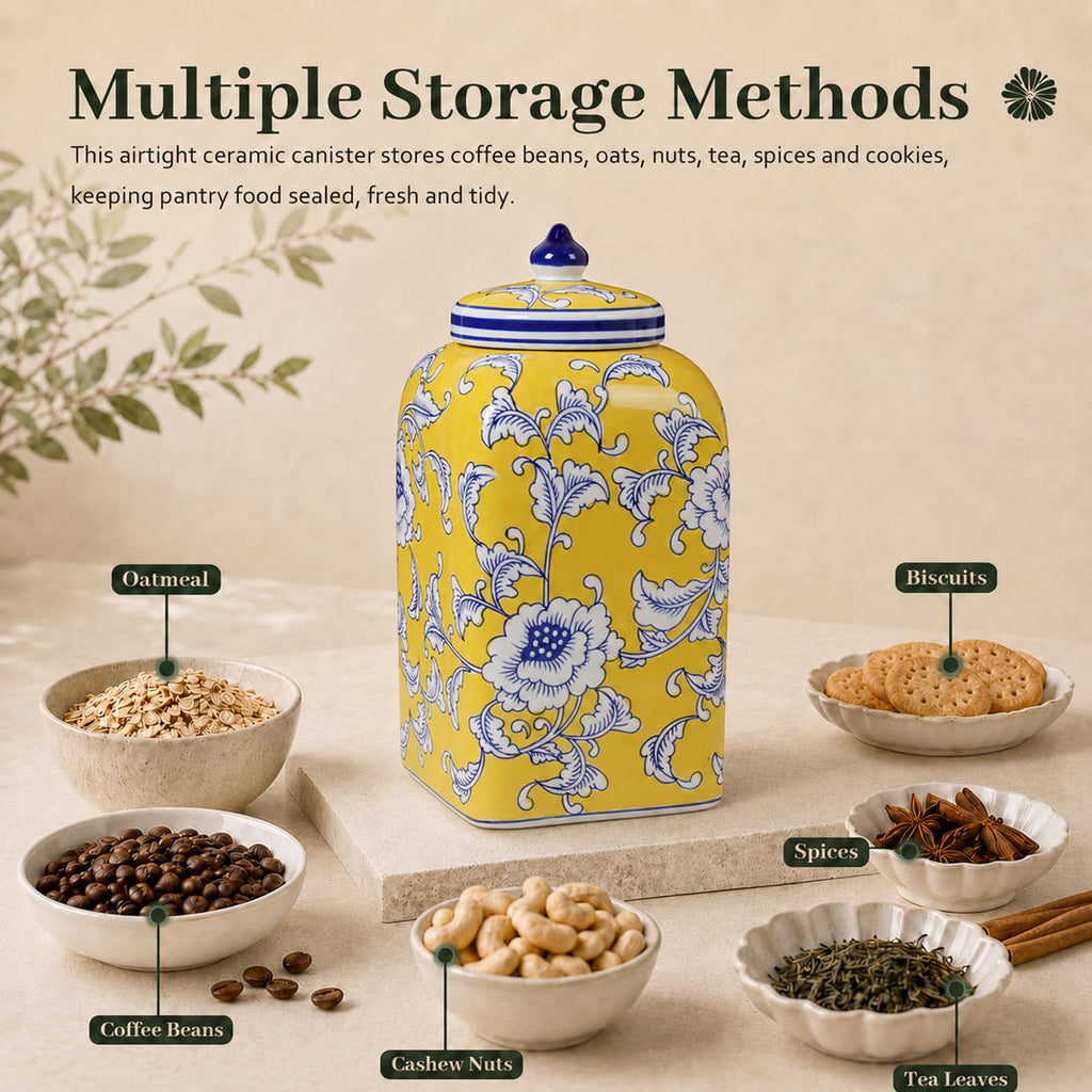 Ceramic Tea & Coffee Canister with Airtight Lid – 10" H, 121 fl oz, Green Peony Chinoiserie