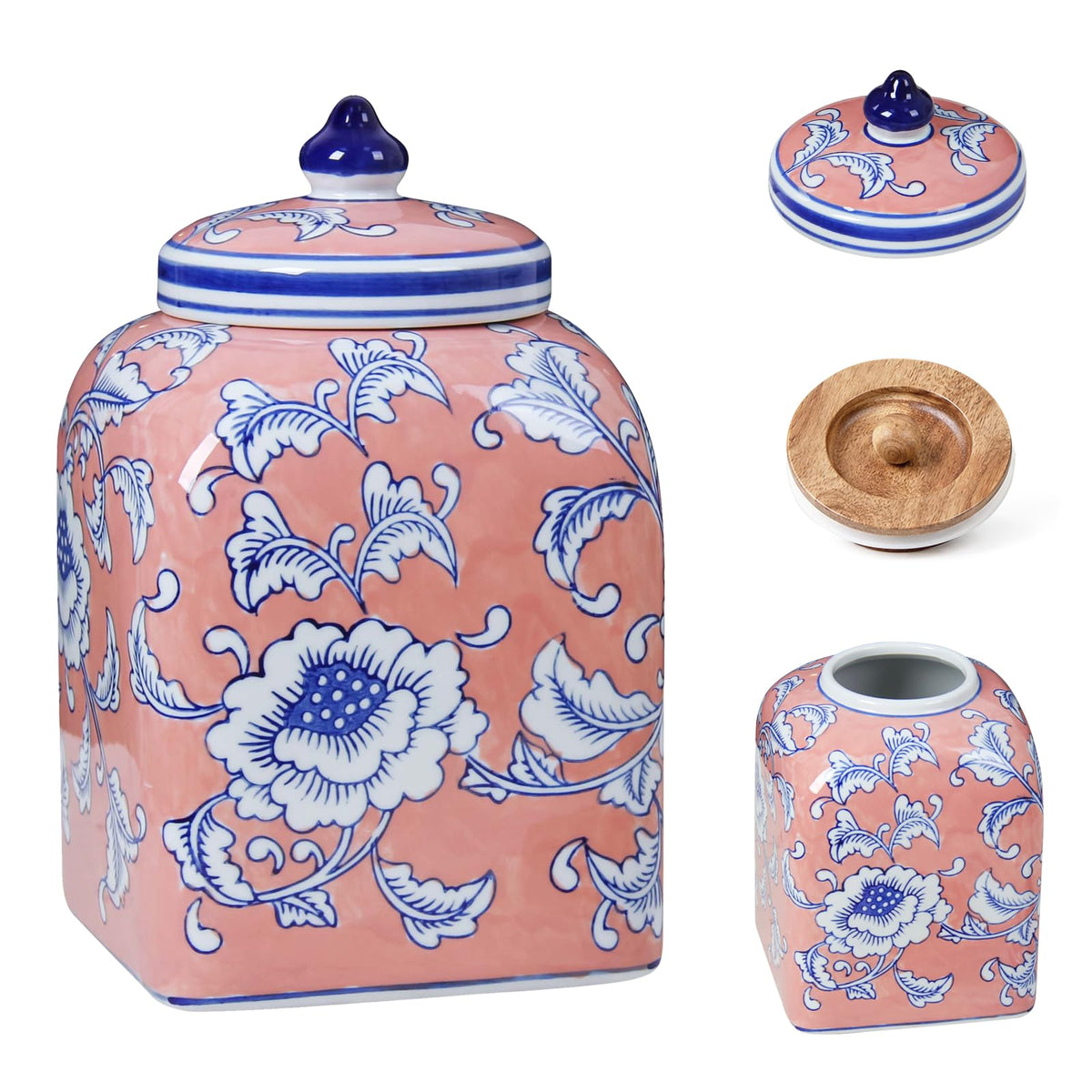 Ceramic Tea & Coffee Canister with Airtight Lid – 10" H, 121 fl oz, Green Peony Chinoiserie