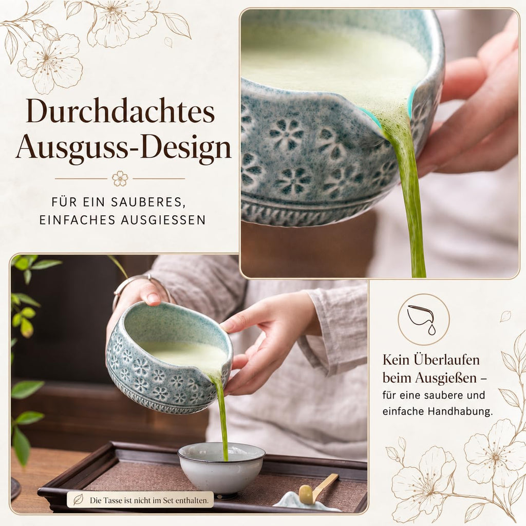 Buucup 7-Piece Green Ceramic Matcha Set – Bowl, Bamboo Whisk, Scoop, Holder, Rest, Sifter & Tea Towel