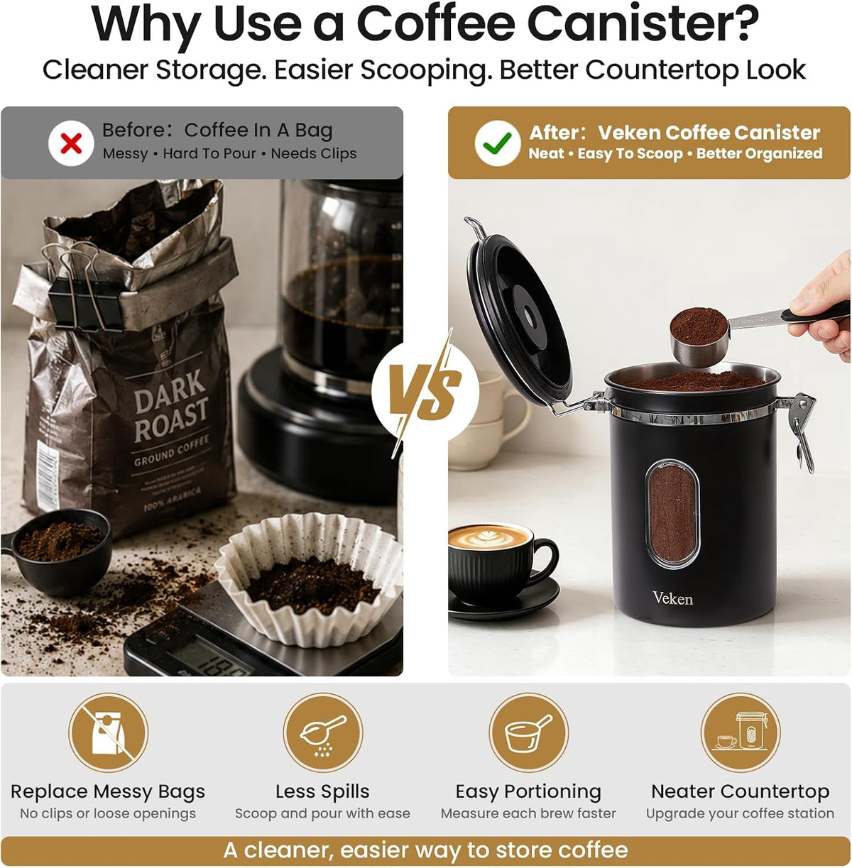 Veken Airtight Coffee Canister with Window 22oz – Black