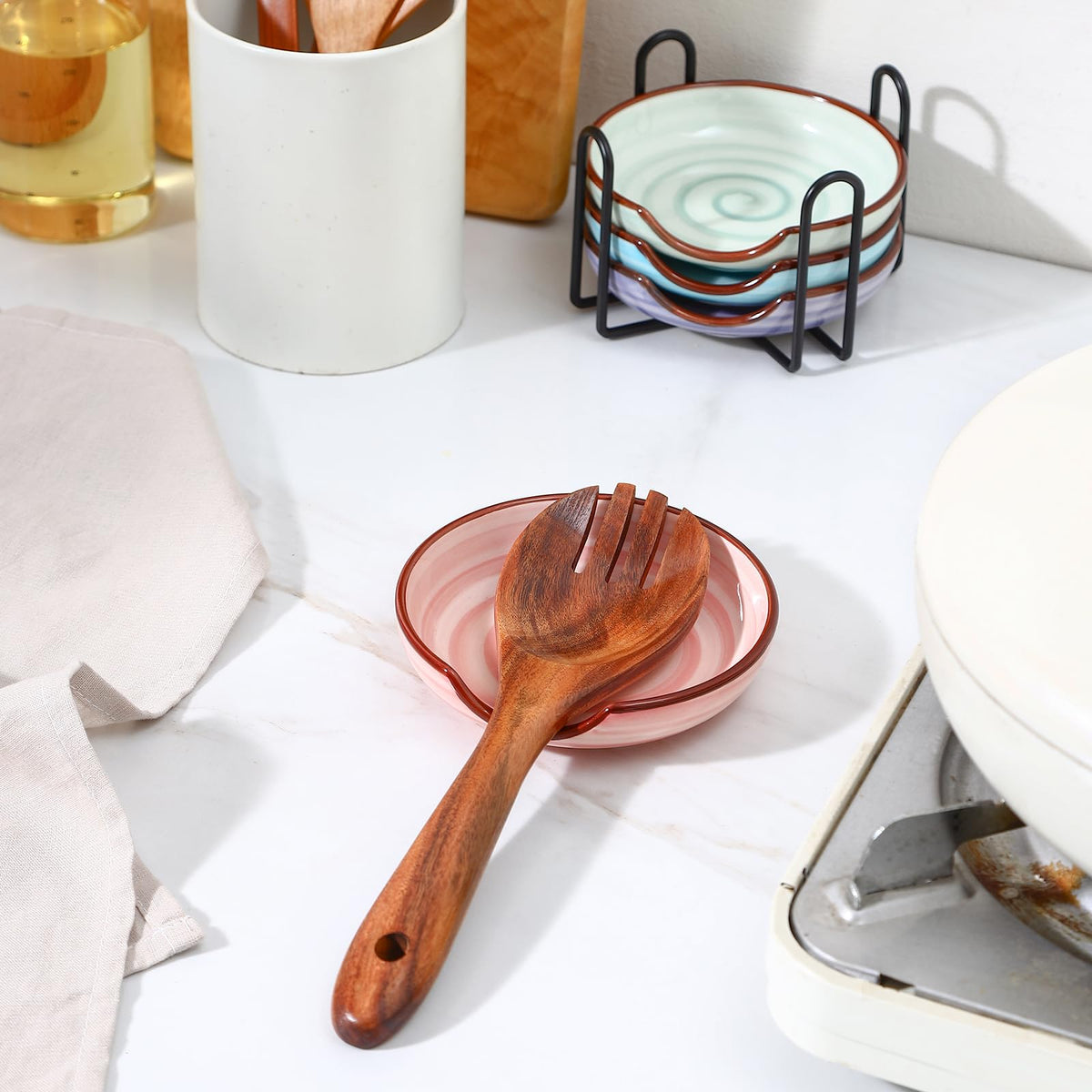 Selamica Ceramic Spoon Rest Set of 4 with Metal Holder – 4.8", Assorted Colors