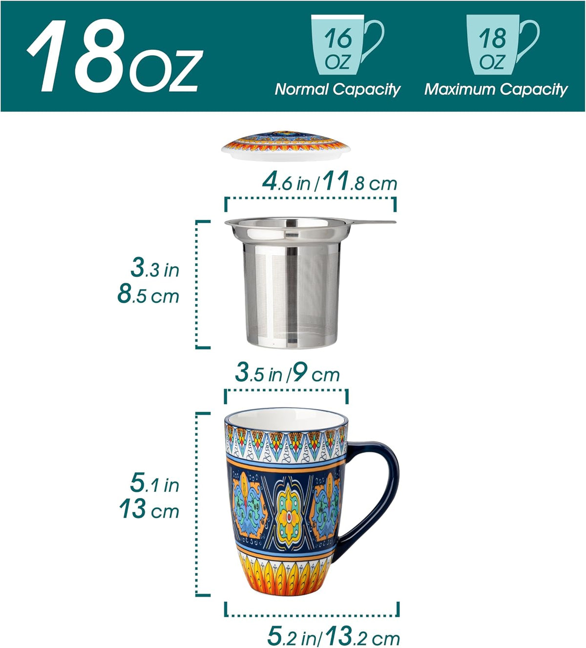 Ceramic Tea Infuser Mug with Lid, 18 oz – Bohemian Forest Daisy Pattern, Microwave & Dishwasher Safe