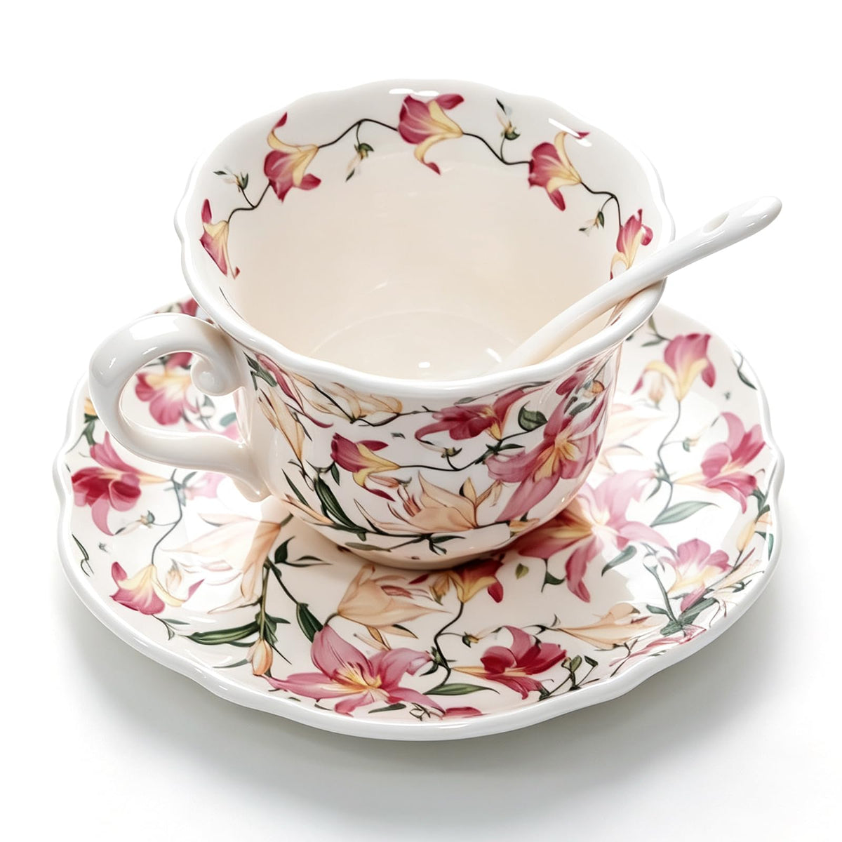 Bone China Floral Tea Cup & Saucer Set with Spoon – 7 oz