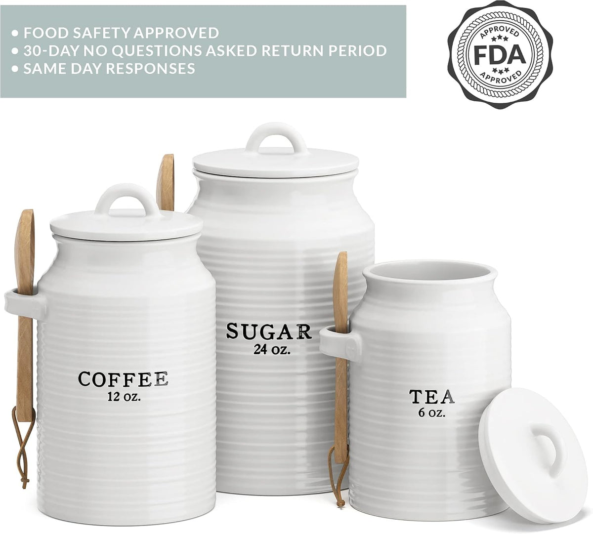 Barnyard Designs Ceramic Kitchen Canister Set of 3 – White Farmhouse, Coffee/Sugar/Tea, Airtight
