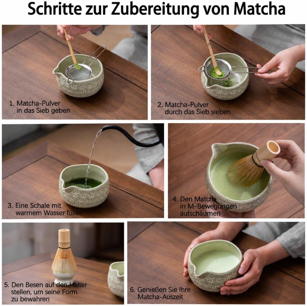 Buucup 7-Piece Green Ceramic Matcha Set – Bowl, Bamboo Whisk, Scoop, Holder, Rest, Sifter & Tea Towel