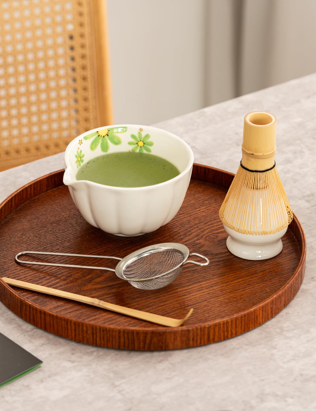 Tang Pin 5-Piece Matcha Set – 15oz Mottled Green Ceramic Bowl, Whisk, Scoop & Chasen Holder