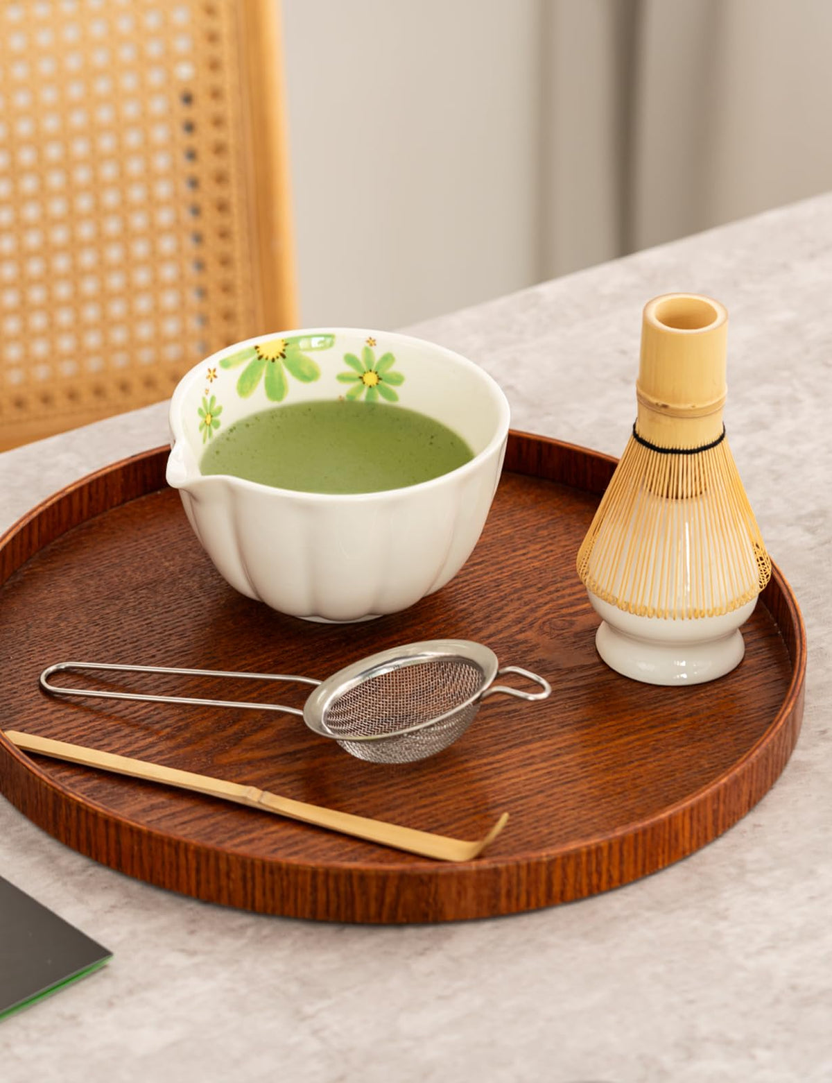 Tang Pin 5-Piece Matcha Set – 15oz Mottled Green Ceramic Bowl, Whisk, Scoop & Chasen Holder