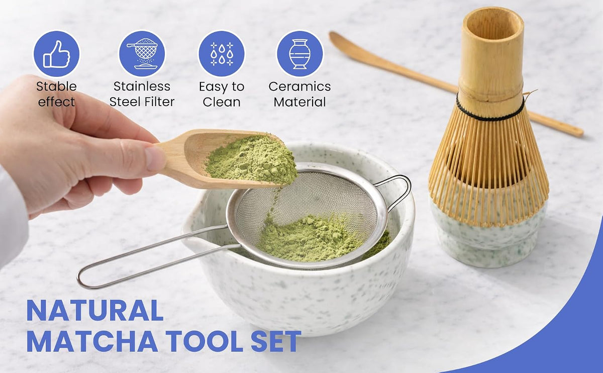 6-Piece Japanese Matcha Whisk Set – Ceramic Bowl with Spout, Bamboo Whisk, Scoop & Sifter