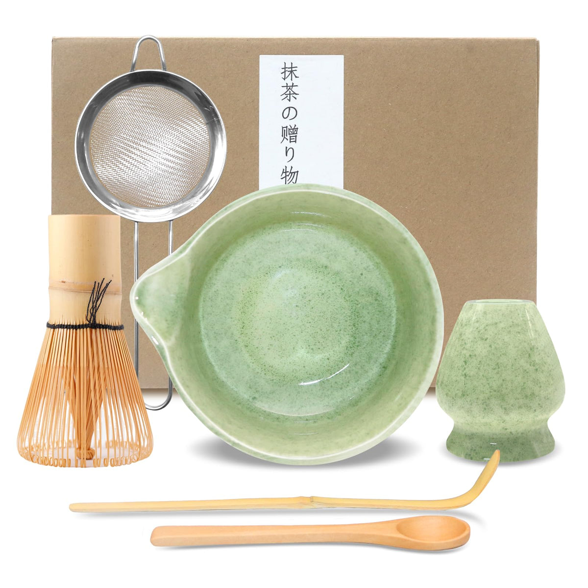 5-Piece Matcha Whisk Set – Green Ceramic Chawan, Bamboo Whisk, Scoop & Sifter