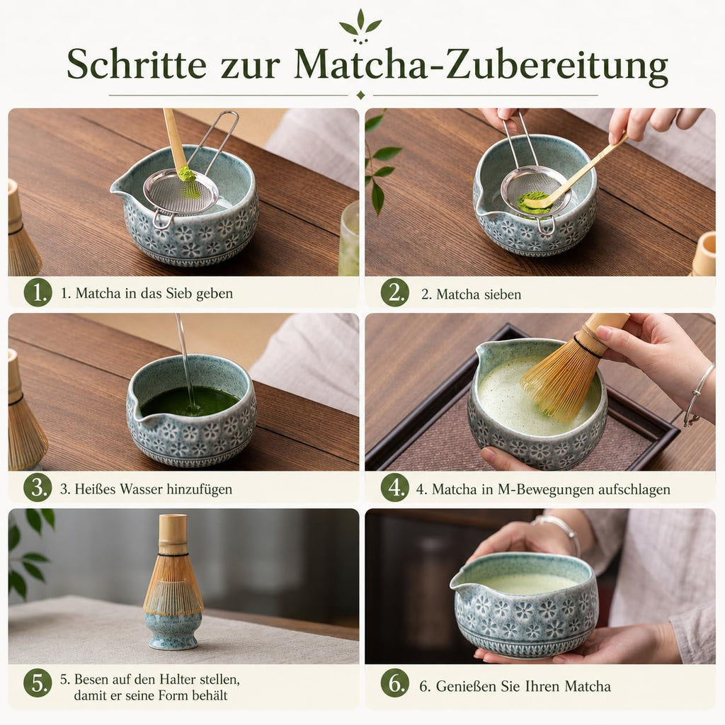 Buucup 7-Piece Green Ceramic Matcha Set – Bowl, Bamboo Whisk, Scoop, Holder, Rest, Sifter & Tea Towel