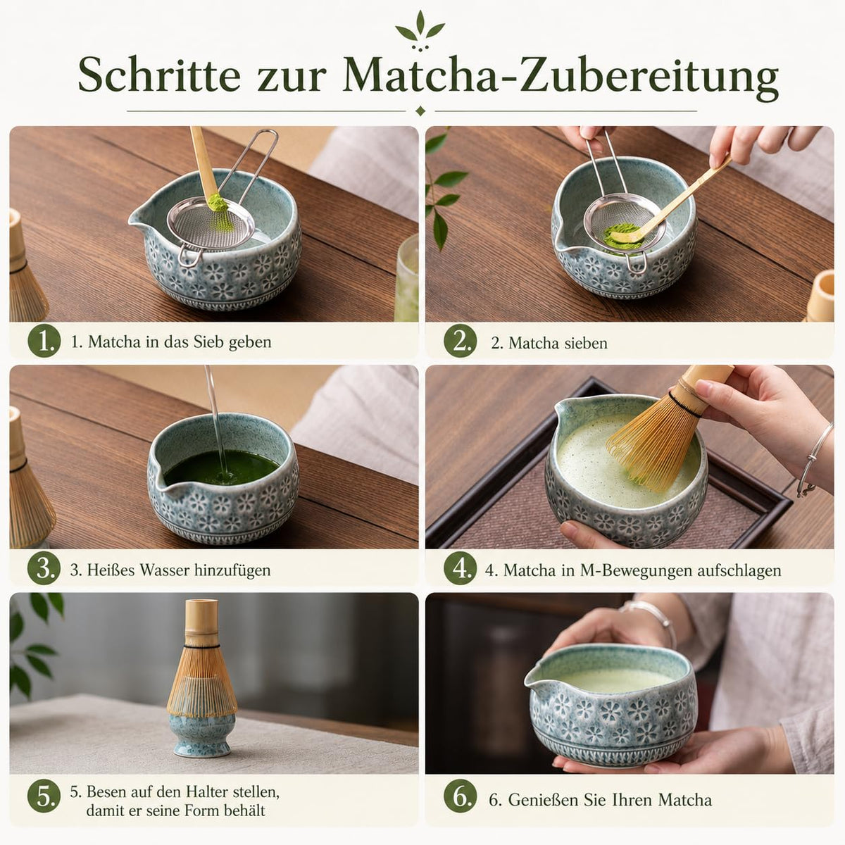 Buucup 7-Piece Green Ceramic Matcha Set – Bowl, Bamboo Whisk, Scoop, Holder, Rest, Sifter & Tea Towel