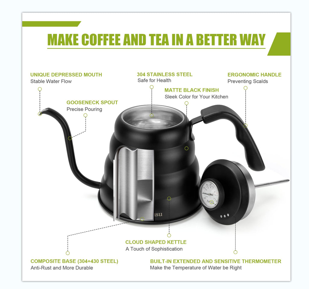 Stovetop Gooseneck Kettle with Thermometer – 40oz Stainless Steel, Pour Over