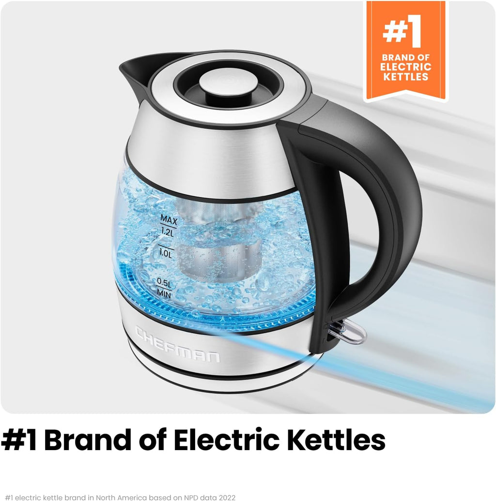 Chefman 1.2L Glass Electric Tea Kettle with Infuser