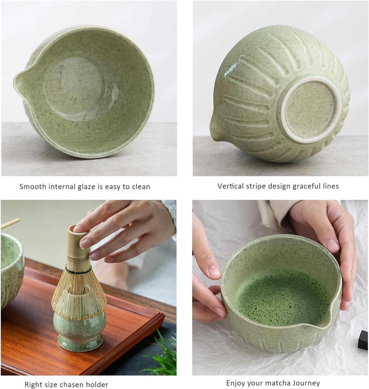 Tang Pin 5-Piece Matcha Set – 15oz Mottled Green Ceramic Bowl, Whisk, Scoop & Chasen Holder