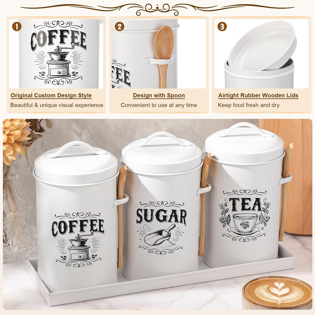 White Coffee, Tea & Sugar Canister Set of 3 with Tray & Wood Scoops – Metal, Airtight, Farmhouse