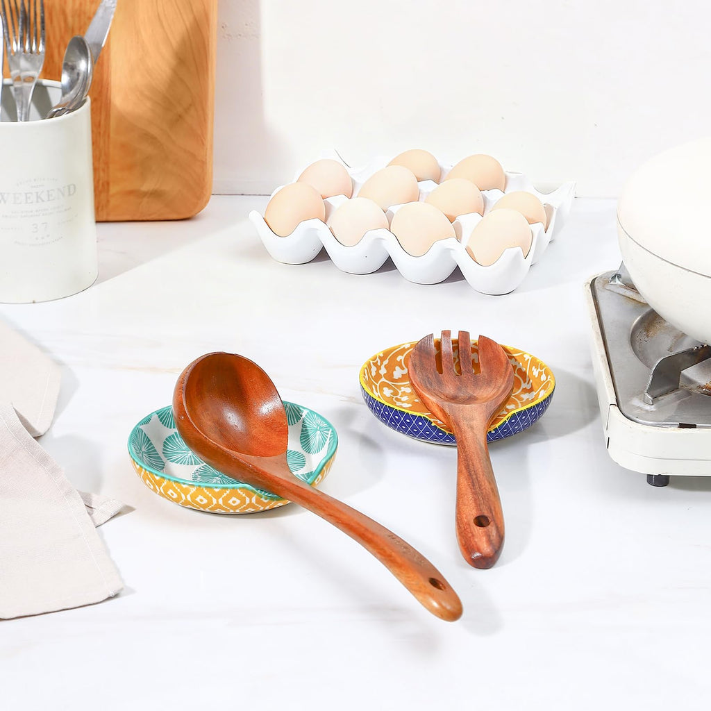 Selamica Ceramic Spoon Rest Set of 4 with Metal Holder – 4.8", Assorted Colors
