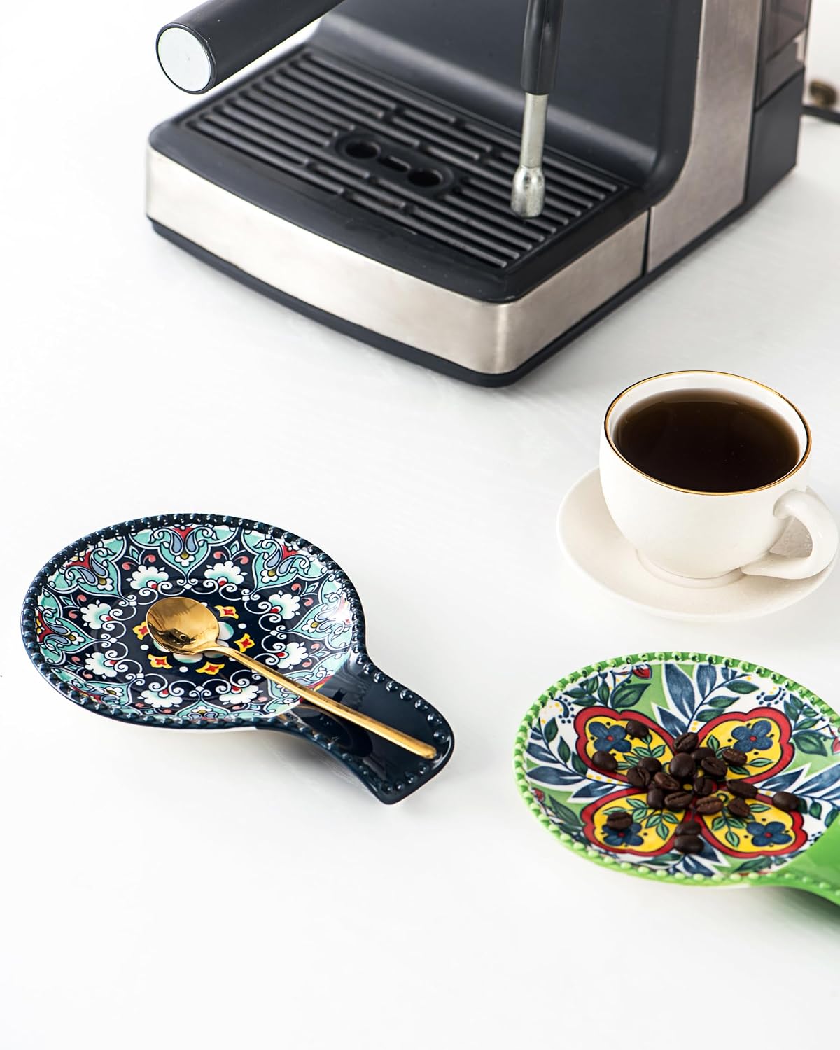 Ceramic Spoon Rest Set of 6 – Assorted Bohemian Patterns, 7.75", Dishwasher Safe