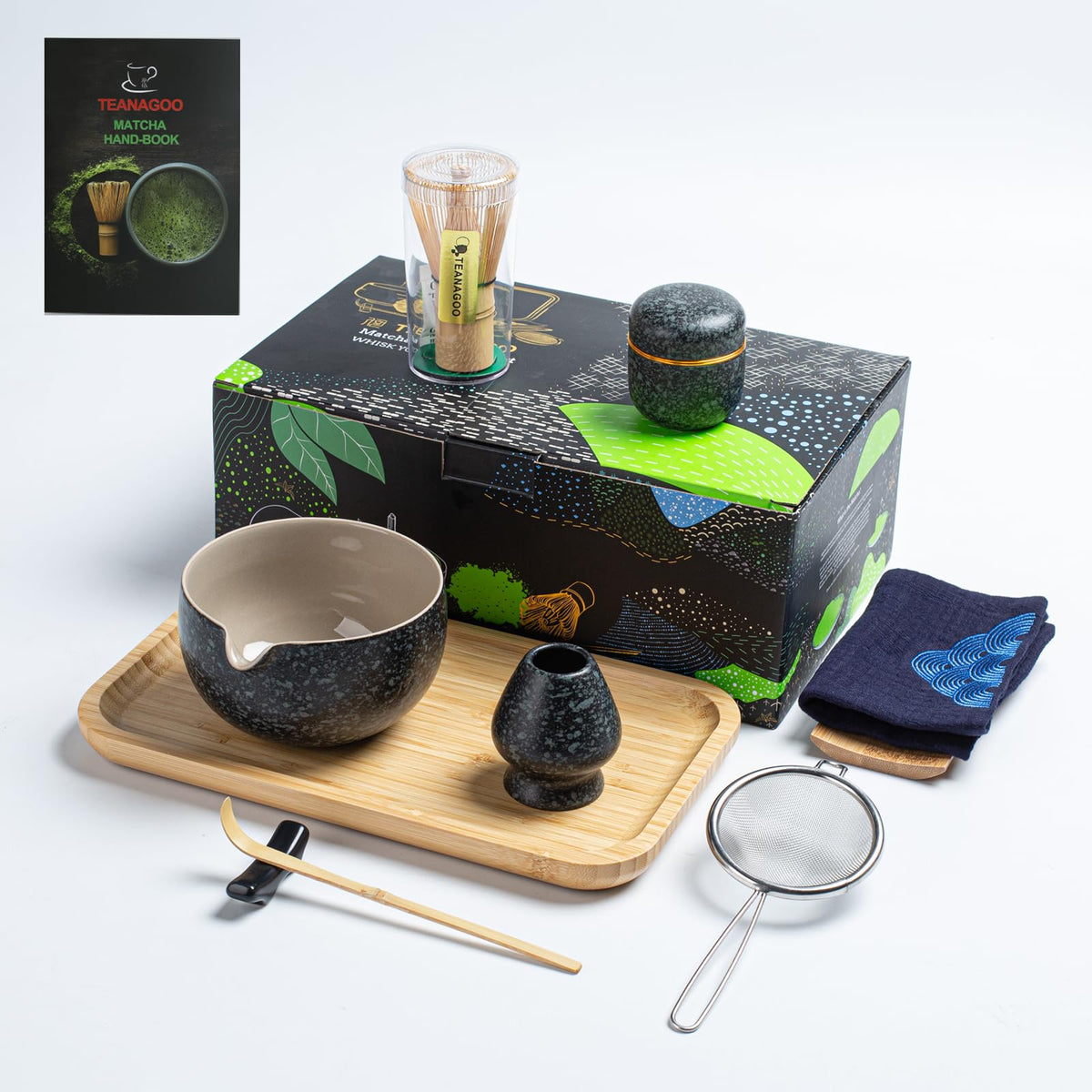 TEANAGOO 7-Piece Black Matcha Set – Ceramic Chawan, Whisk, Holder & Sifter for Ceremony & Latte