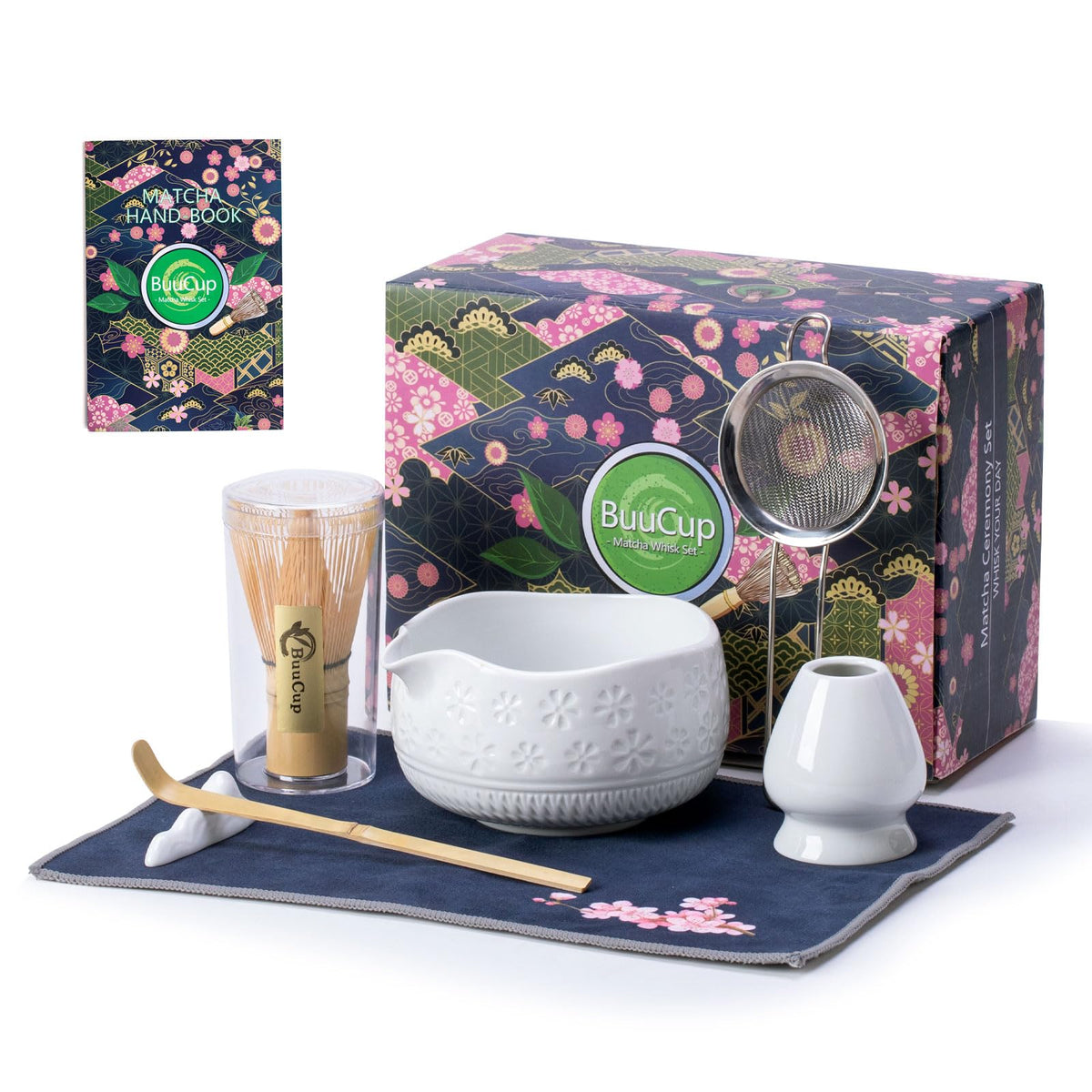 Buucup 7-Piece Green Ceramic Matcha Set – Bowl, Bamboo Whisk, Scoop, Holder, Rest, Sifter & Tea Towel