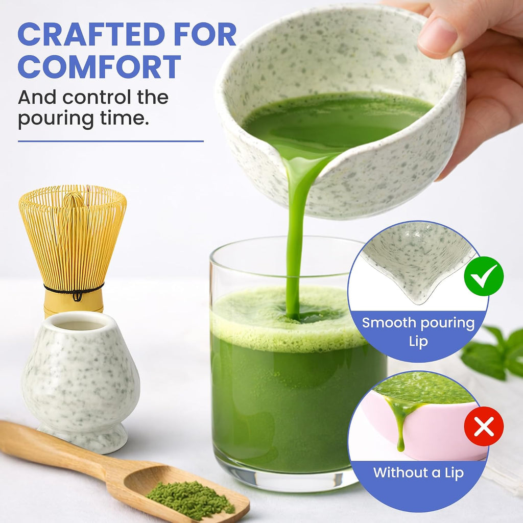 6-Piece Japanese Matcha Whisk Set – Ceramic Bowl with Spout, Bamboo Whisk, Scoop & Sifter