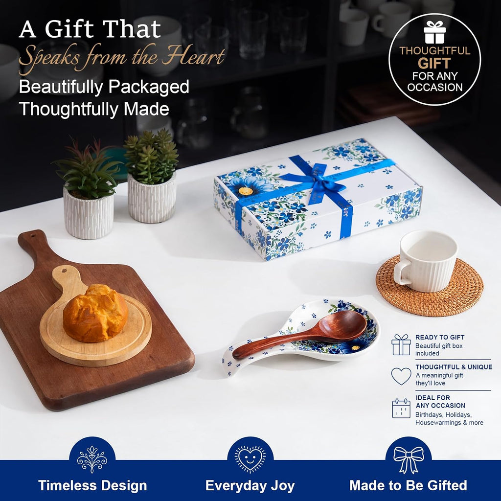 Large Ceramic Spoon Rest – Blue Floral, Heat Resistant, Dishwasher Safe, Gift Box