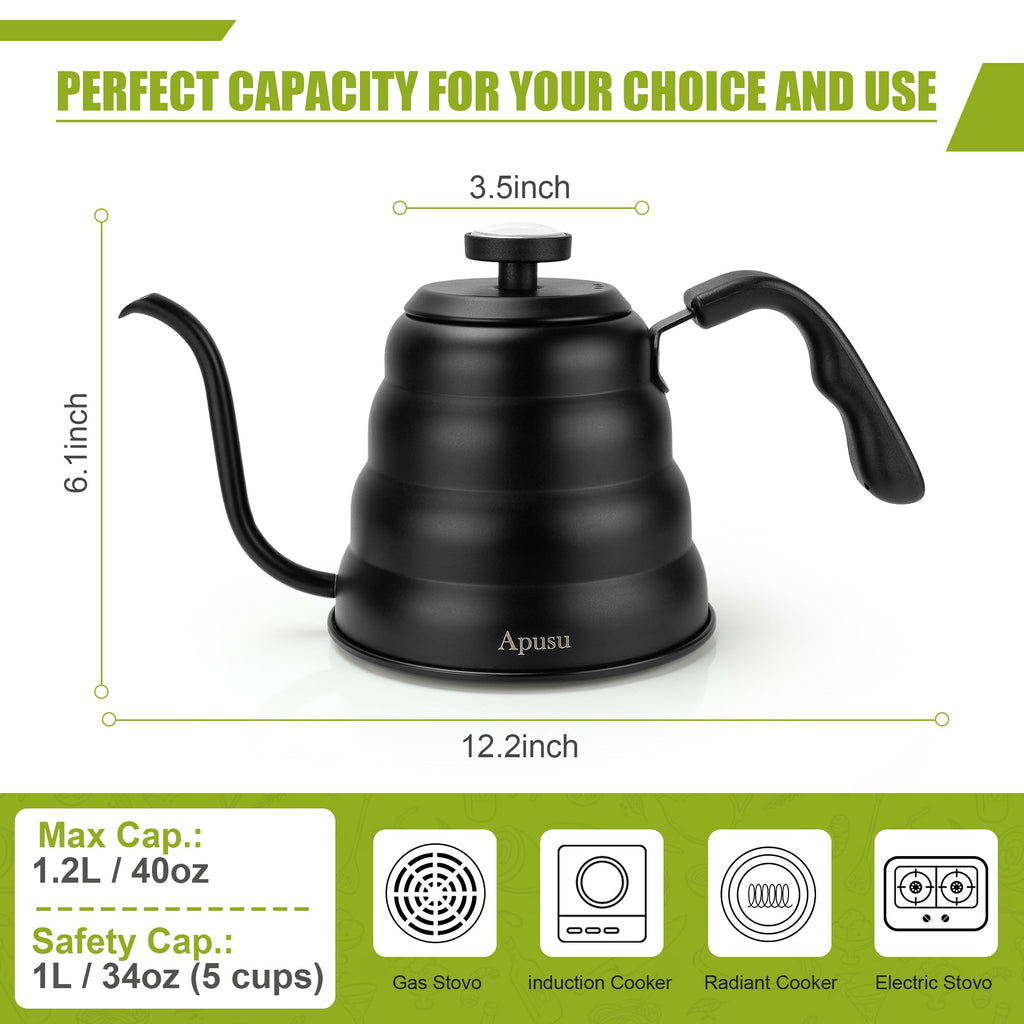 Stovetop Gooseneck Kettle with Thermometer – 40oz Stainless Steel, Pour Over
