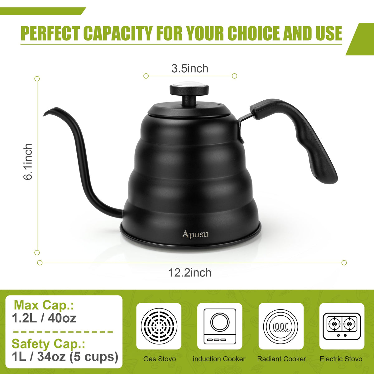 Stovetop Gooseneck Kettle with Thermometer – 40oz Stainless Steel, Pour Over