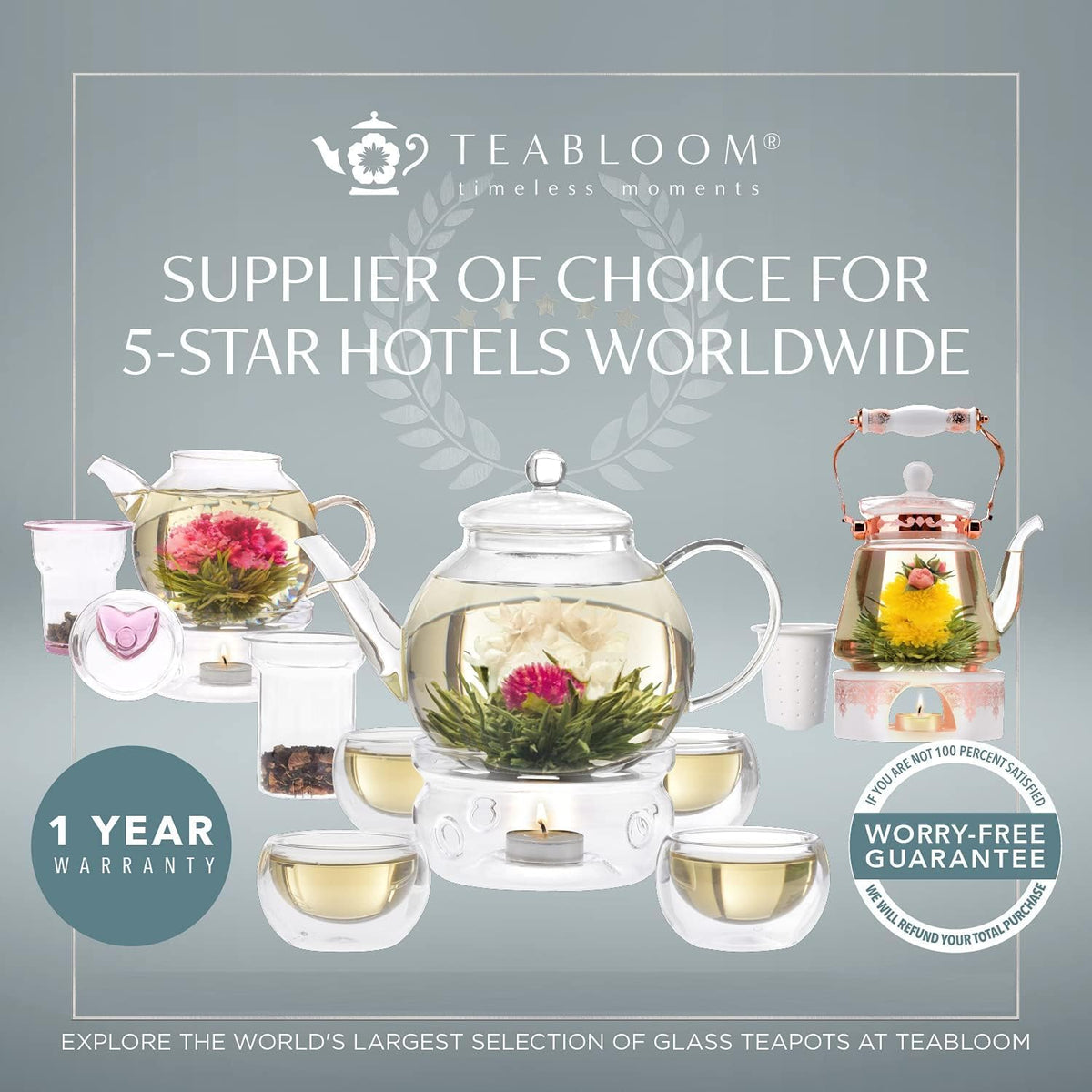 Teabloom Stovetop & Microwave Safe Glass Teapot with Removable Loose Tea Glass Infuser – Includes 2 Blooming Teas – 2-in-1 Tea Kettle and Tea Maker – Tea Purist's Choice
