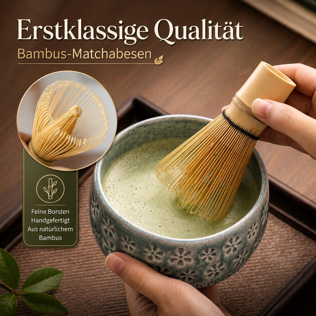 Buucup 7-Piece Green Ceramic Matcha Set – Bowl, Bamboo Whisk, Scoop, Holder, Rest, Sifter & Tea Towel