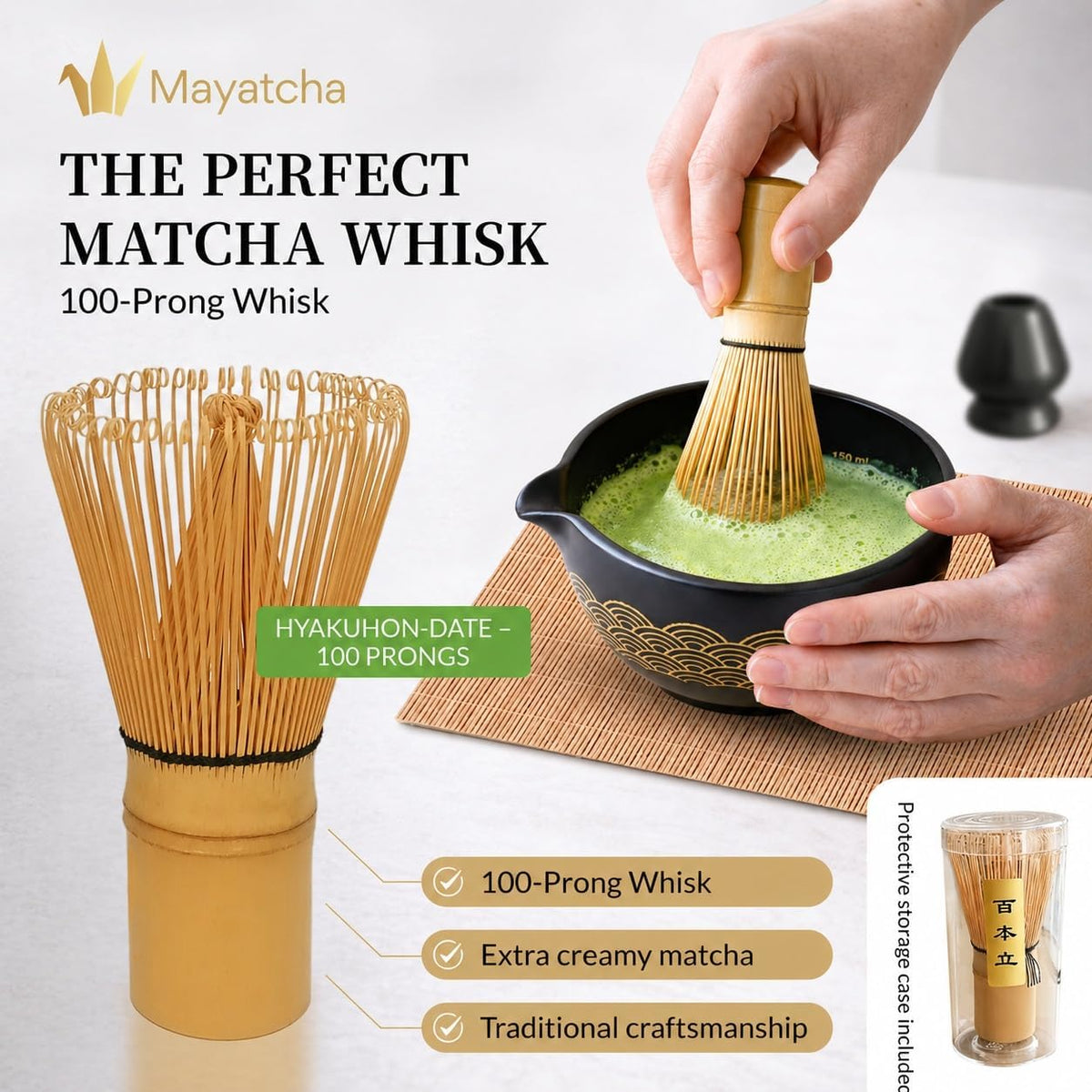 8-Piece Japanese Matcha Set – Spout Bowl with Measurement Marks, 100-Bristle Whisk & Crane Spoon Holder