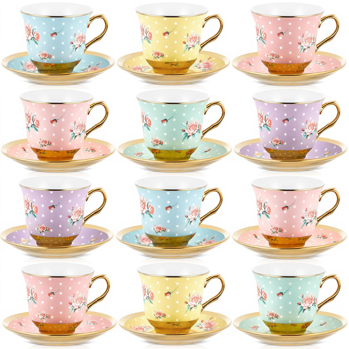 Floral Porcelain Tea Cups & Saucers Set of 18 – 6 Patterns, 5.4 oz