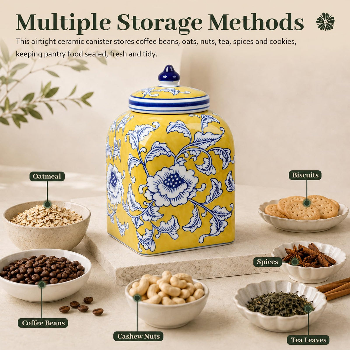 Ceramic Tea & Coffee Canister with Airtight Lid – 10" H, 121 fl oz, Green Peony Chinoiserie
