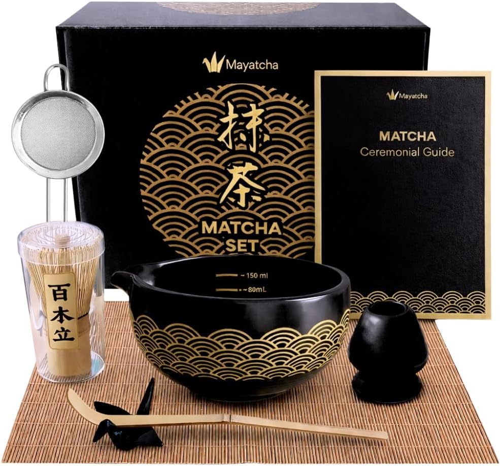 8-Piece Japanese Matcha Set – Spout Bowl with Measurement Marks, 100-Bristle Whisk & Crane Spoon Holder