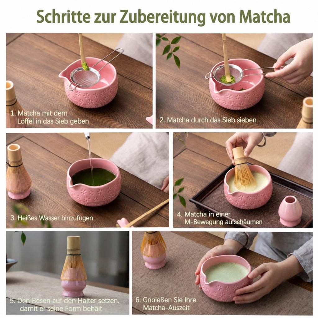 Buucup 7-Piece Green Ceramic Matcha Set – Bowl, Bamboo Whisk, Scoop, Holder, Rest, Sifter & Tea Towel