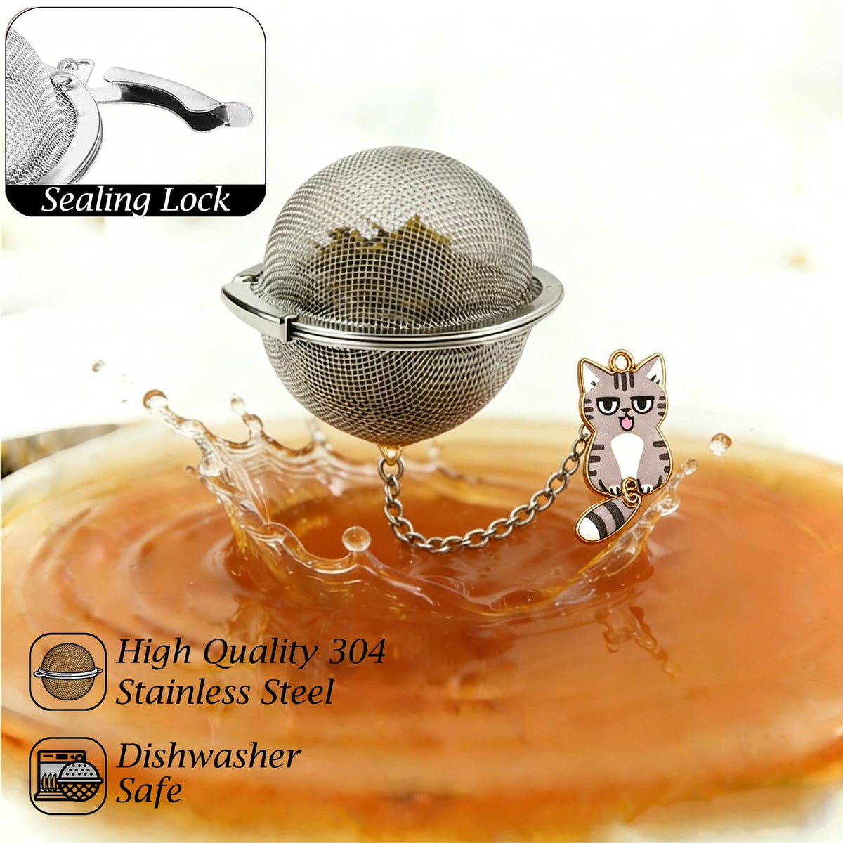 Cat Charm Tea Infuser Set of 2 – Stainless Steel, Moving Tail, Ragdoll & Tortoiseshell
