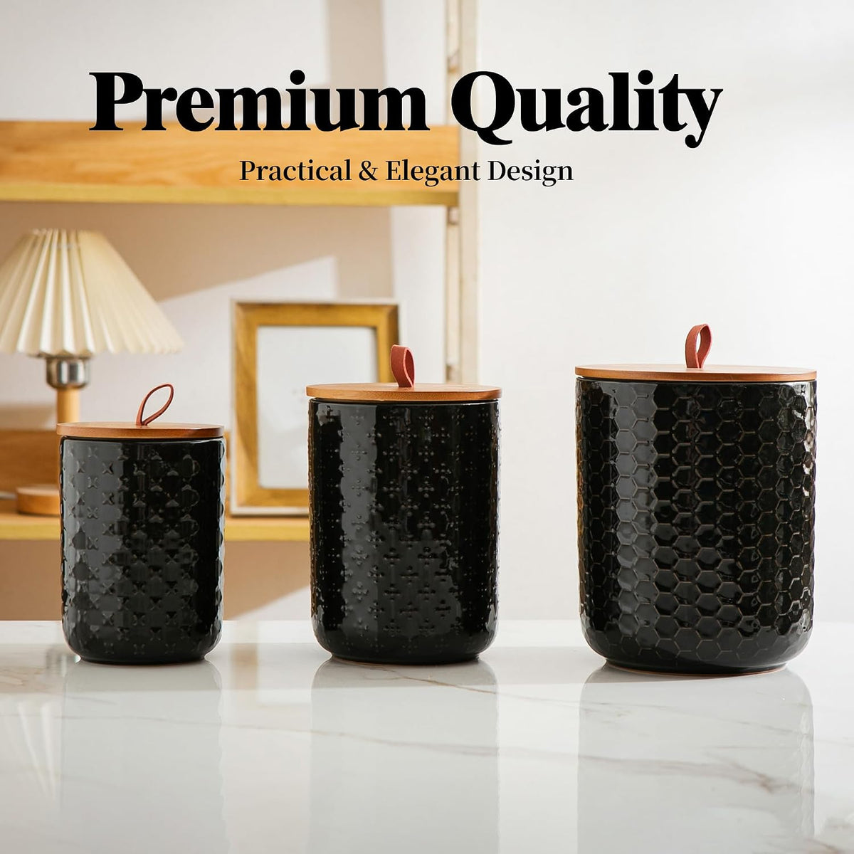 JOJUNO Black Embossed Ceramic Canister Set of 3 – Airtight Bamboo Lids, 30/48/82 oz