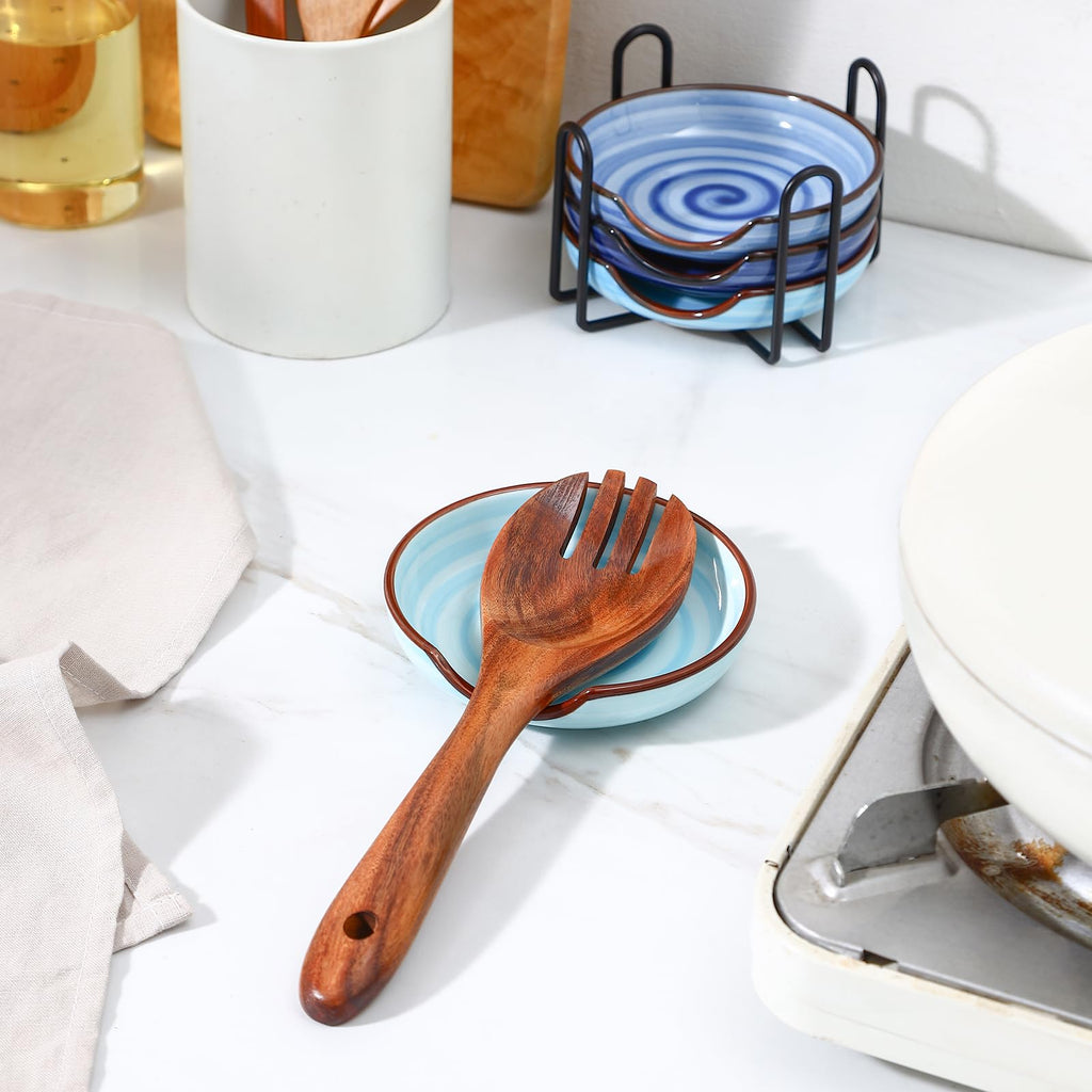 Selamica Ceramic Spoon Rest Set of 4 with Metal Holder – 4.8", Assorted Colors