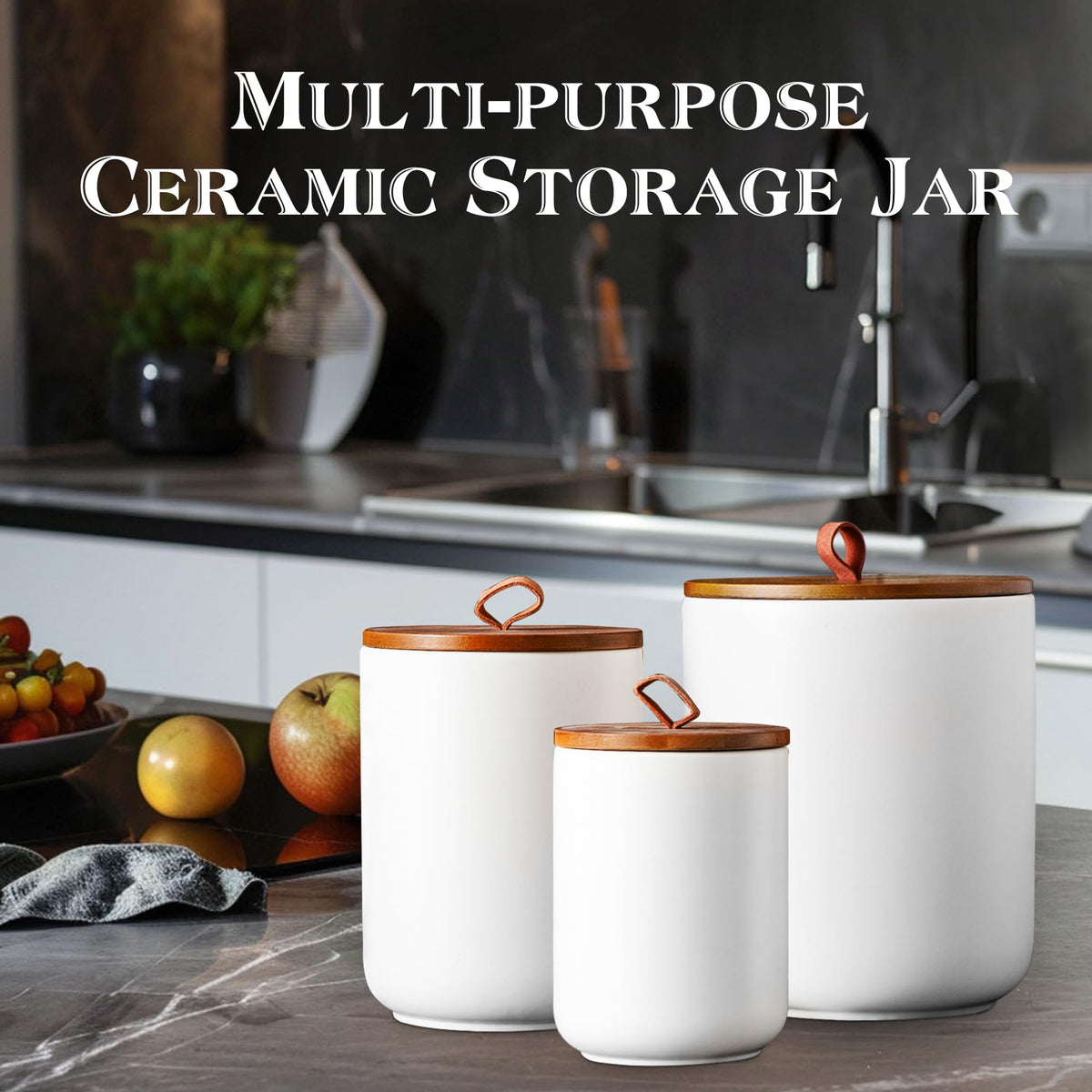 JOJUNO Black Embossed Ceramic Canister Set of 3 – Airtight Bamboo Lids, 30/48/82 oz