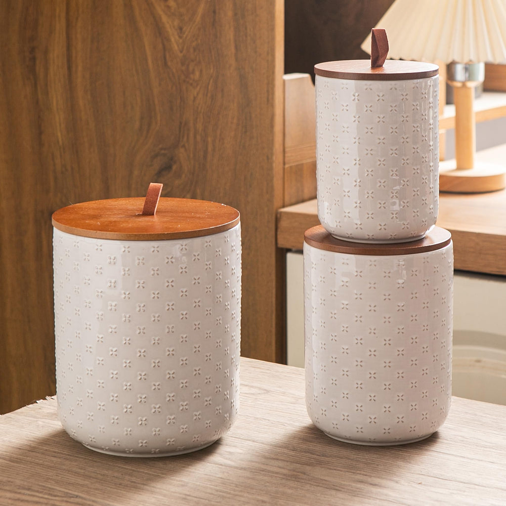 Mowtanco White Embossed Ceramic Canister Set of 3 – Airtight Bamboo Lids, 12/30/48 oz