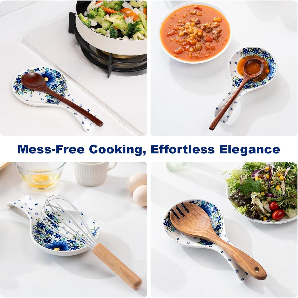 Large Ceramic Spoon Rest – Blue Floral, Heat Resistant, Dishwasher Safe, Gift Box