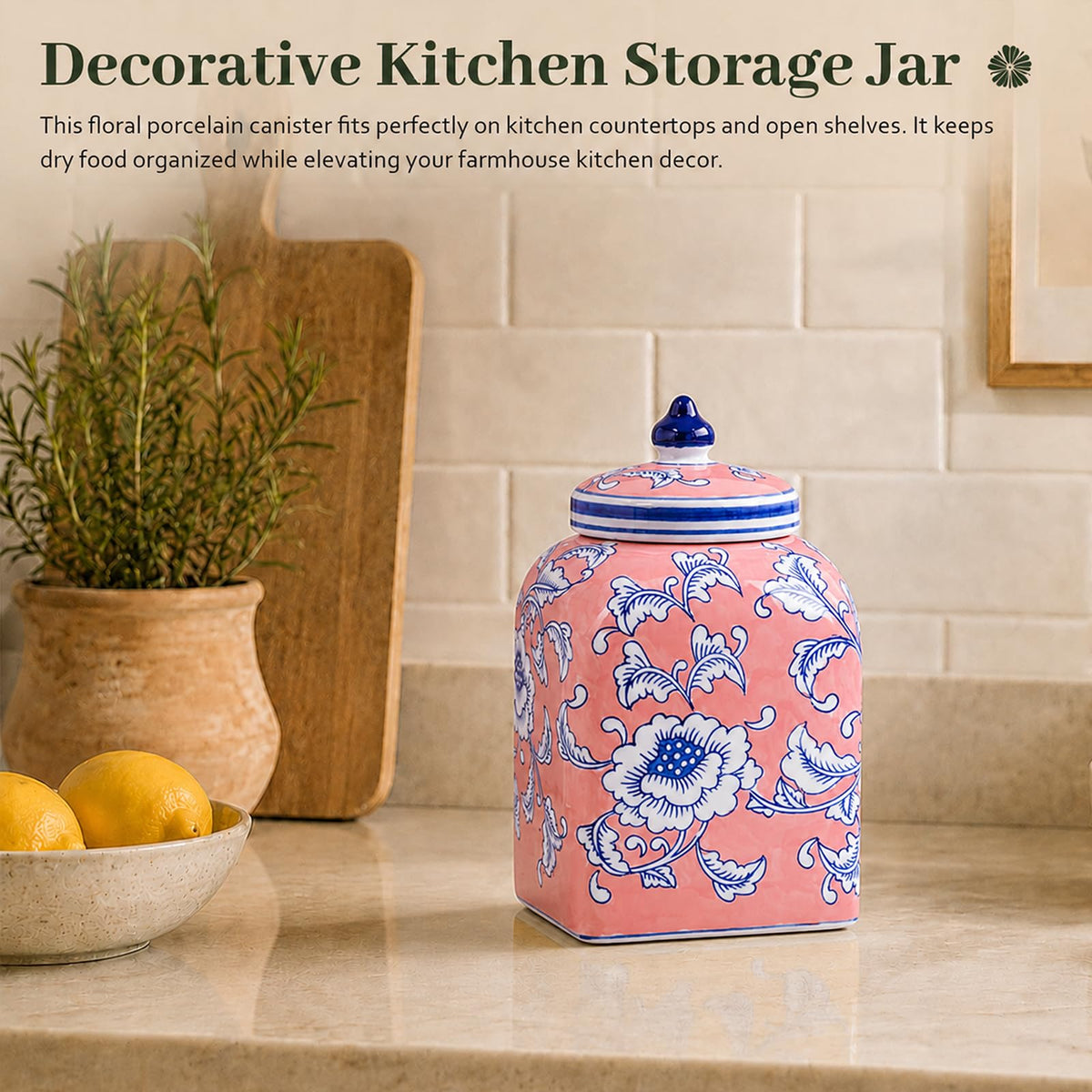 Ceramic Tea & Coffee Canister with Airtight Lid – 10" H, 121 fl oz, Green Peony Chinoiserie