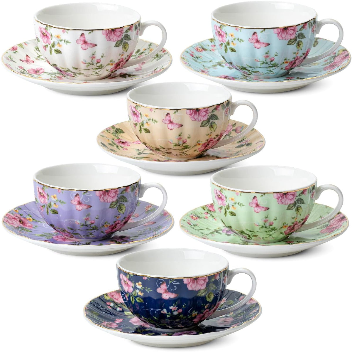 Floral Porcelain Tea Cups & Saucers Set of 6 – Midnight Blue