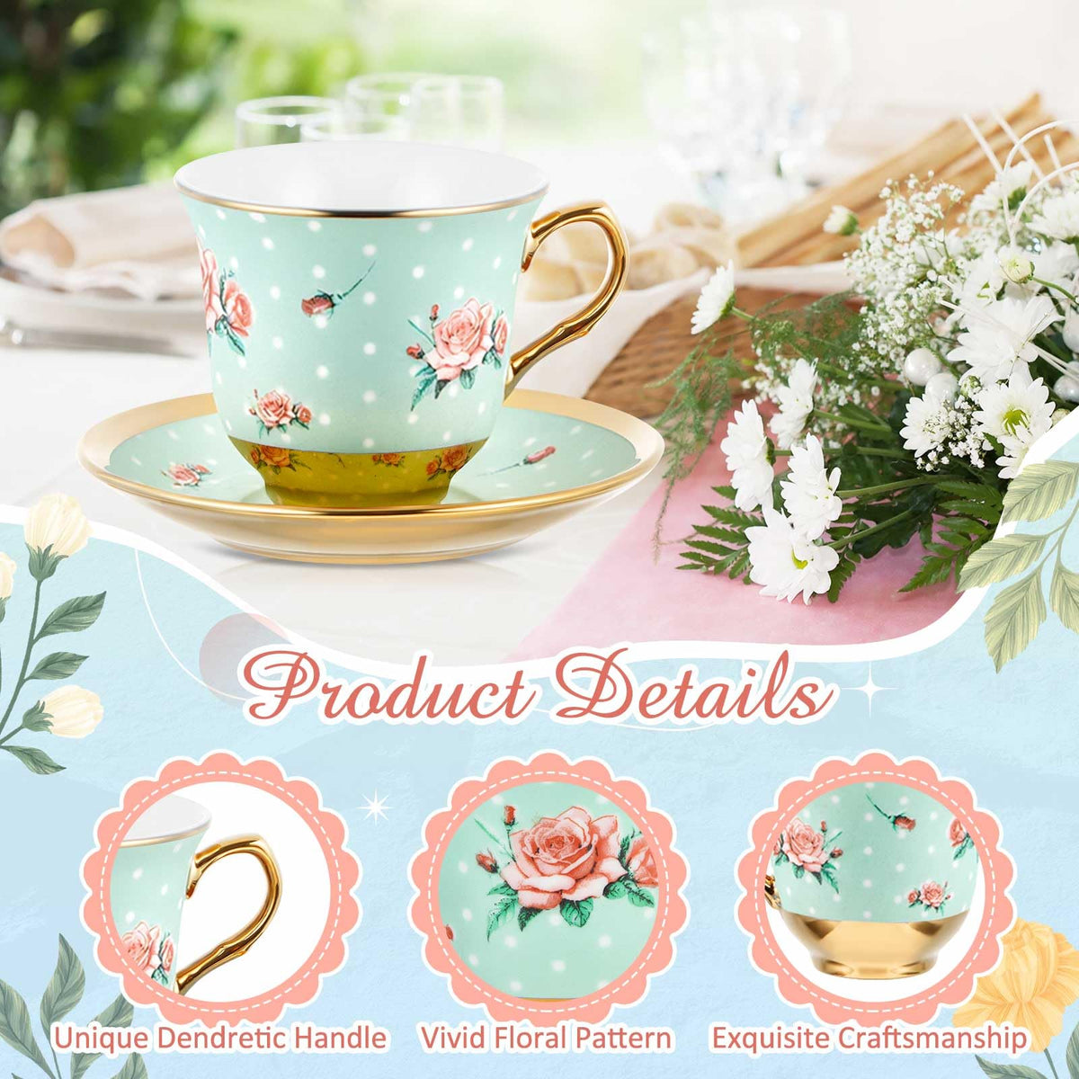 Floral Porcelain Tea Cups & Saucers Set of 18 – 6 Patterns, 5.4 oz